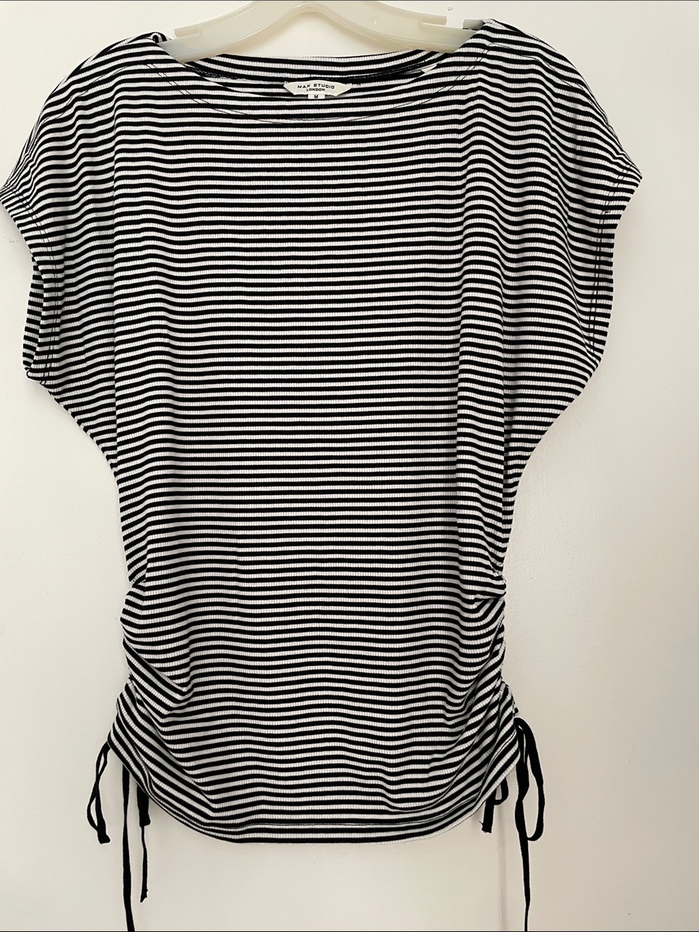 Max Studio Black & White Striped Side-Ruched Tee